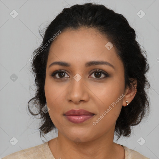 Joyful latino young-adult female with medium  black hair and brown eyes