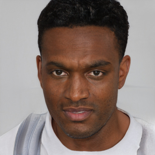 Neutral black young-adult male with short  black hair and brown eyes