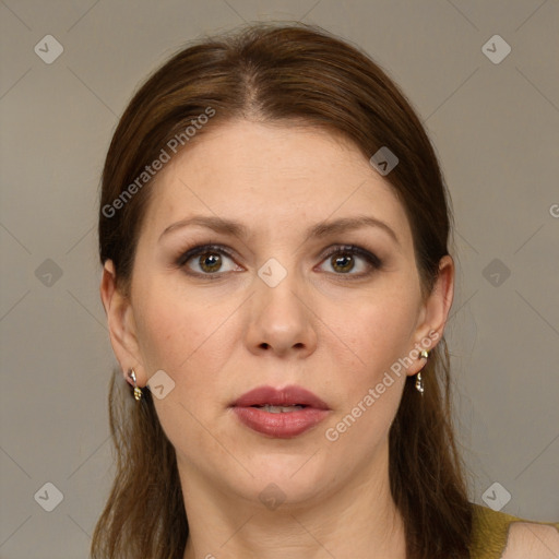 Joyful white young-adult female with long  brown hair and grey eyes