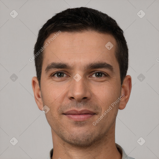 Neutral white young-adult male with short  brown hair and brown eyes