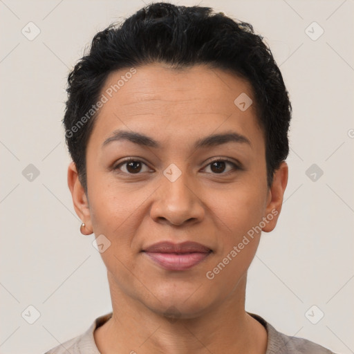 Joyful latino young-adult female with short  black hair and brown eyes