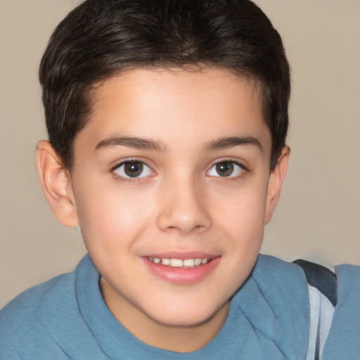 Joyful white child female with short  brown hair and brown eyes