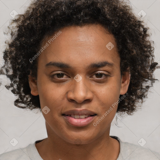 Joyful black young-adult male with short  brown hair and brown eyes