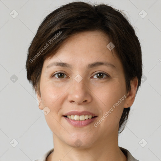 Joyful white young-adult female with short  brown hair and brown eyes