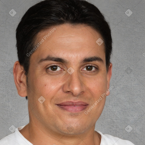 Joyful white adult male with short  brown hair and brown eyes