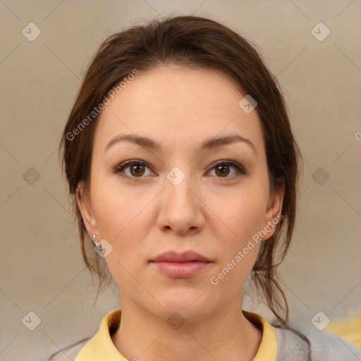 Neutral white young-adult female with medium  brown hair and brown eyes