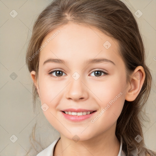 Joyful white child female with medium  brown hair and brown eyes