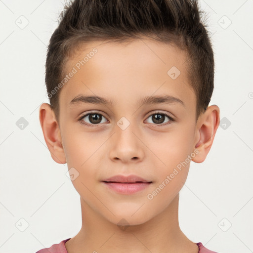 Joyful white child male with short  brown hair and brown eyes