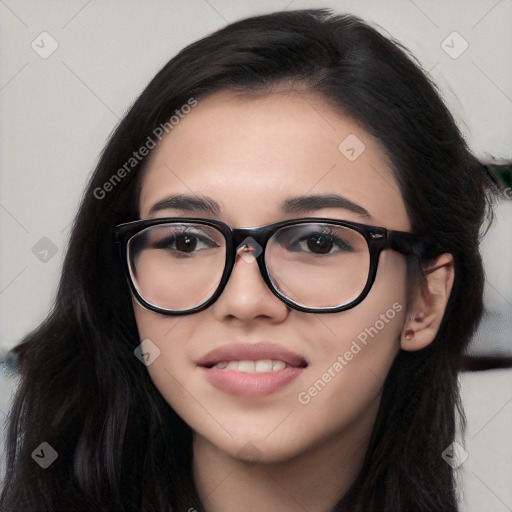 Joyful latino young-adult female with long  black hair and brown eyes