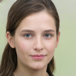 Neutral white young-adult female with long  brown hair and grey eyes