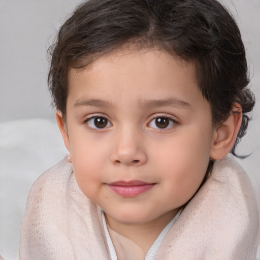 Joyful white child female with medium  brown hair and brown eyes