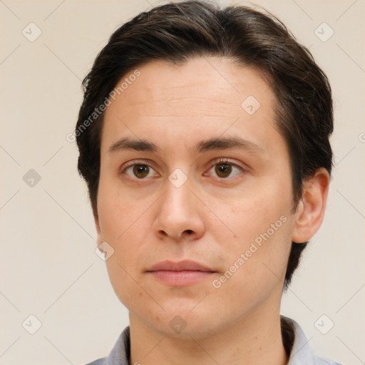 Neutral white young-adult male with short  brown hair and brown eyes