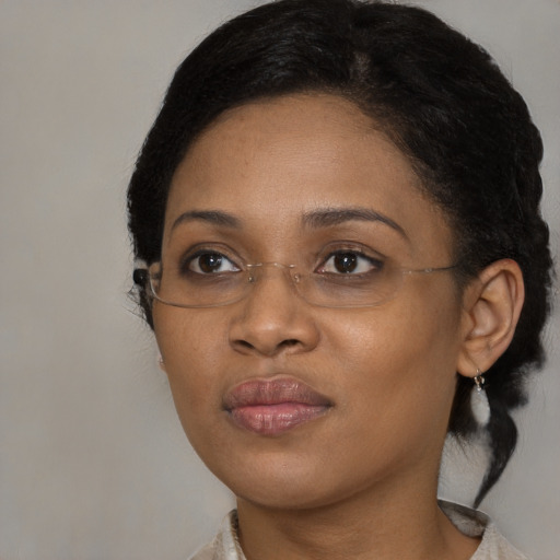 Joyful black young-adult female with medium  black hair and brown eyes