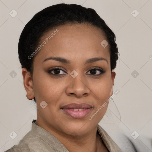 Joyful black young-adult female with short  brown hair and brown eyes