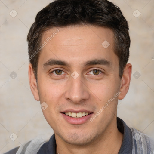 Joyful white young-adult male with short  brown hair and brown eyes