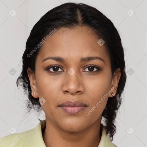 Joyful latino young-adult female with medium  black hair and brown eyes