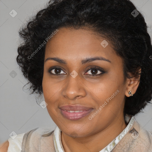 Joyful black young-adult female with medium  brown hair and brown eyes