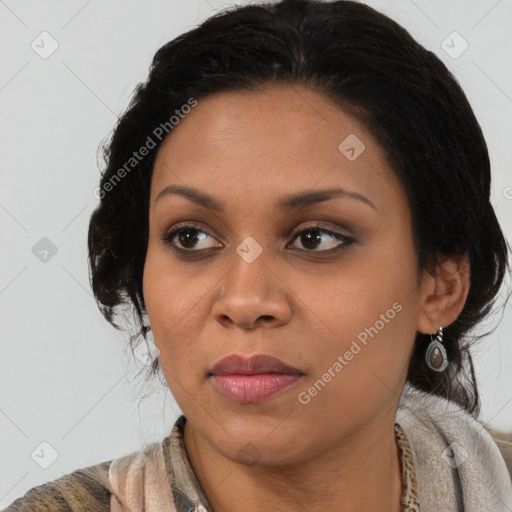 Joyful latino young-adult female with medium  black hair and brown eyes