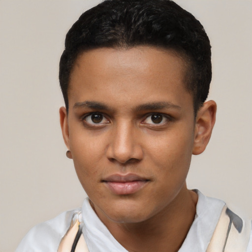 Neutral latino young-adult male with short  brown hair and brown eyes