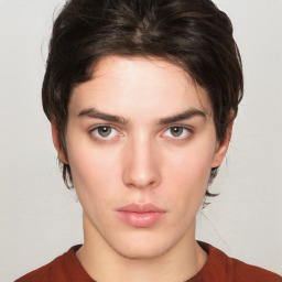 Neutral white young-adult female with short  brown hair and brown eyes