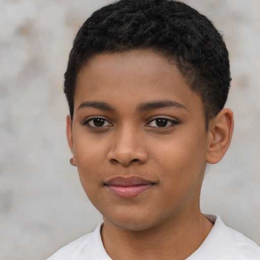 Joyful black child female with short  brown hair and brown eyes