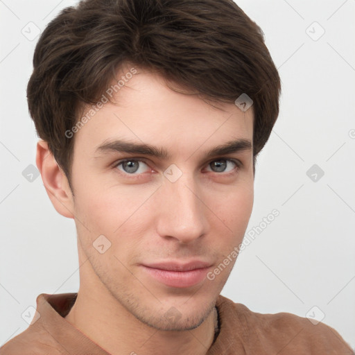 Neutral white young-adult male with short  brown hair and grey eyes