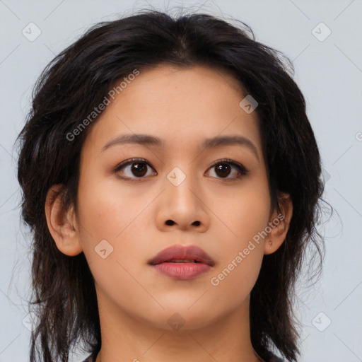 Neutral asian young-adult female with medium  brown hair and brown eyes