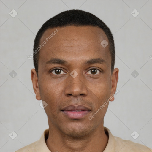 Neutral black young-adult male with short  black hair and brown eyes