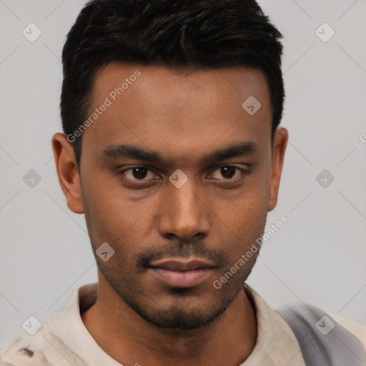 Neutral latino young-adult male with short  black hair and brown eyes