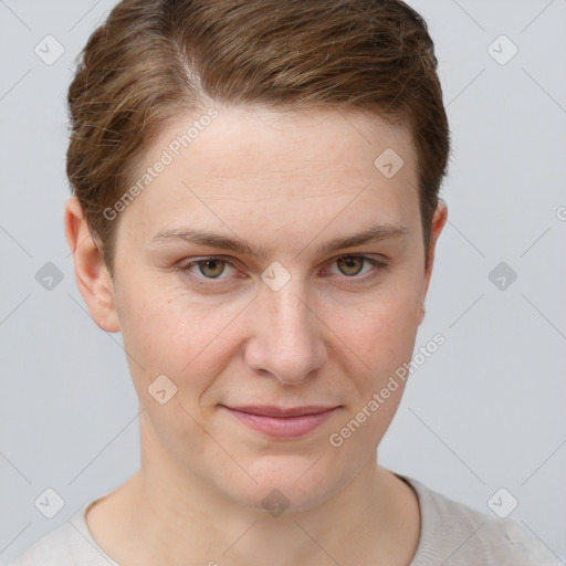 Joyful white young-adult female with short  brown hair and grey eyes