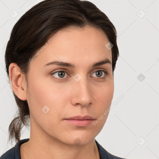 Neutral white young-adult female with short  brown hair and brown eyes