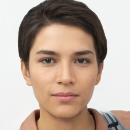 Neutral white young-adult female with short  brown hair and brown eyes