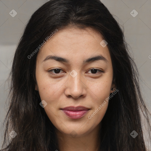 Joyful asian young-adult female with long  brown hair and brown eyes