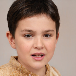 Joyful white child female with short  brown hair and brown eyes