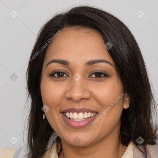 Joyful latino young-adult female with medium  brown hair and brown eyes