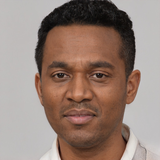 Neutral latino adult male with short  black hair and brown eyes