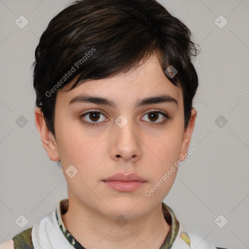 Neutral white young-adult female with medium  brown hair and brown eyes