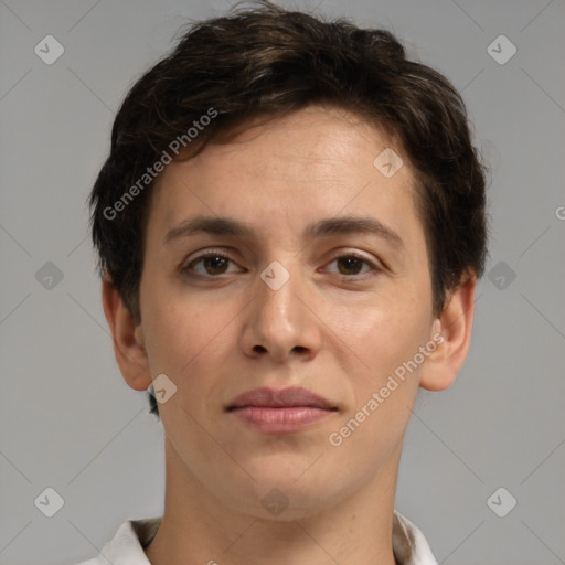 Joyful white young-adult female with short  brown hair and brown eyes