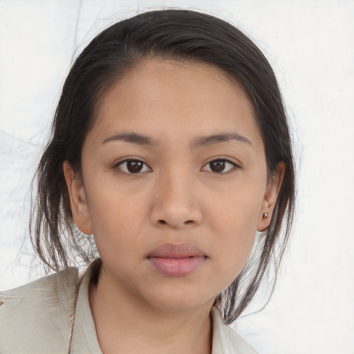 Neutral white young-adult female with medium  brown hair and brown eyes