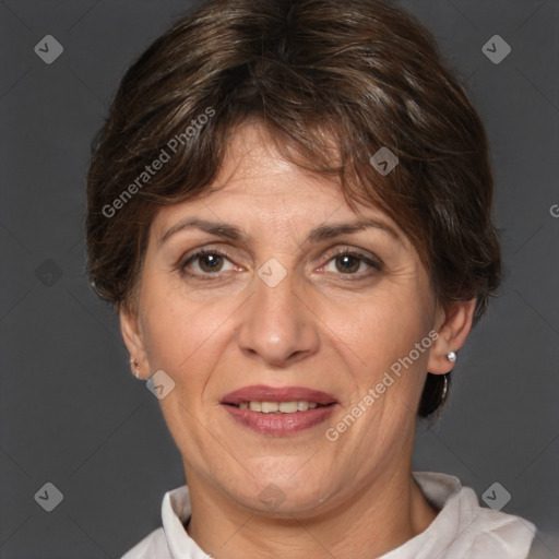 Joyful white adult female with short  brown hair and brown eyes