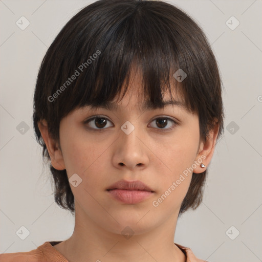 Neutral white young-adult female with medium  brown hair and brown eyes