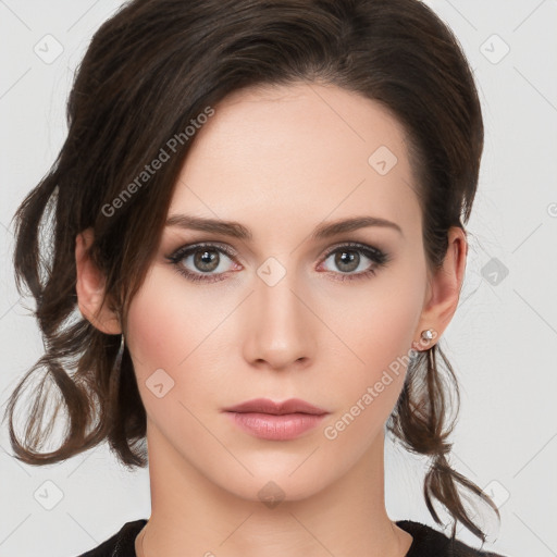 Neutral white young-adult female with medium  brown hair and brown eyes