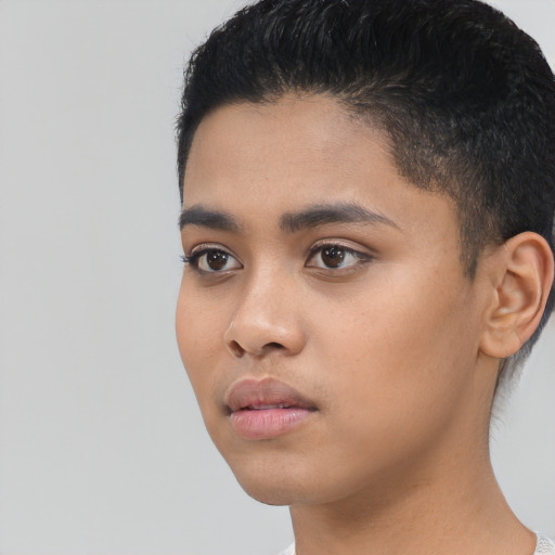 Neutral latino young-adult female with short  black hair and brown eyes
