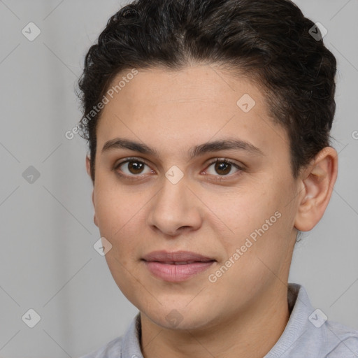 Joyful white young-adult female with short  brown hair and brown eyes