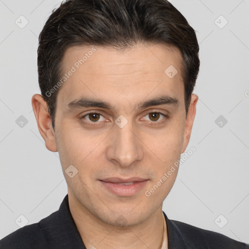 Joyful white young-adult male with short  brown hair and brown eyes