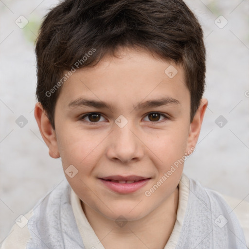 Joyful white child male with short  brown hair and brown eyes