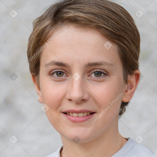 Joyful white young-adult female with short  brown hair and grey eyes