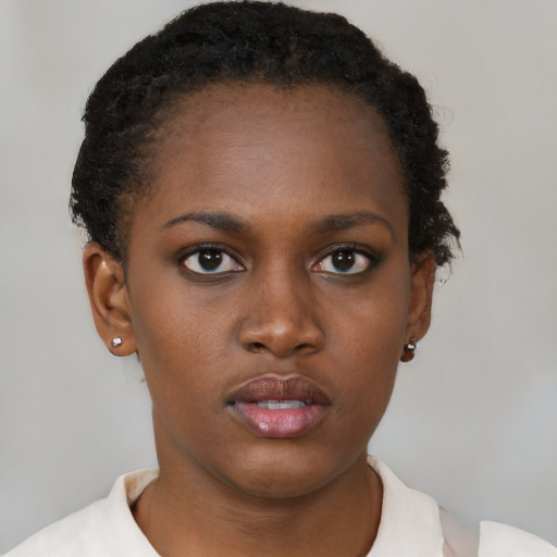 Neutral black young-adult female with short  brown hair and brown eyes