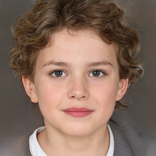 Joyful white child female with short  brown hair and brown eyes