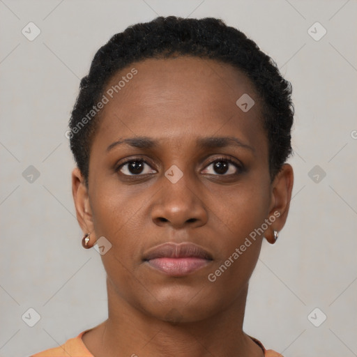 Neutral black young-adult female with short  brown hair and brown eyes